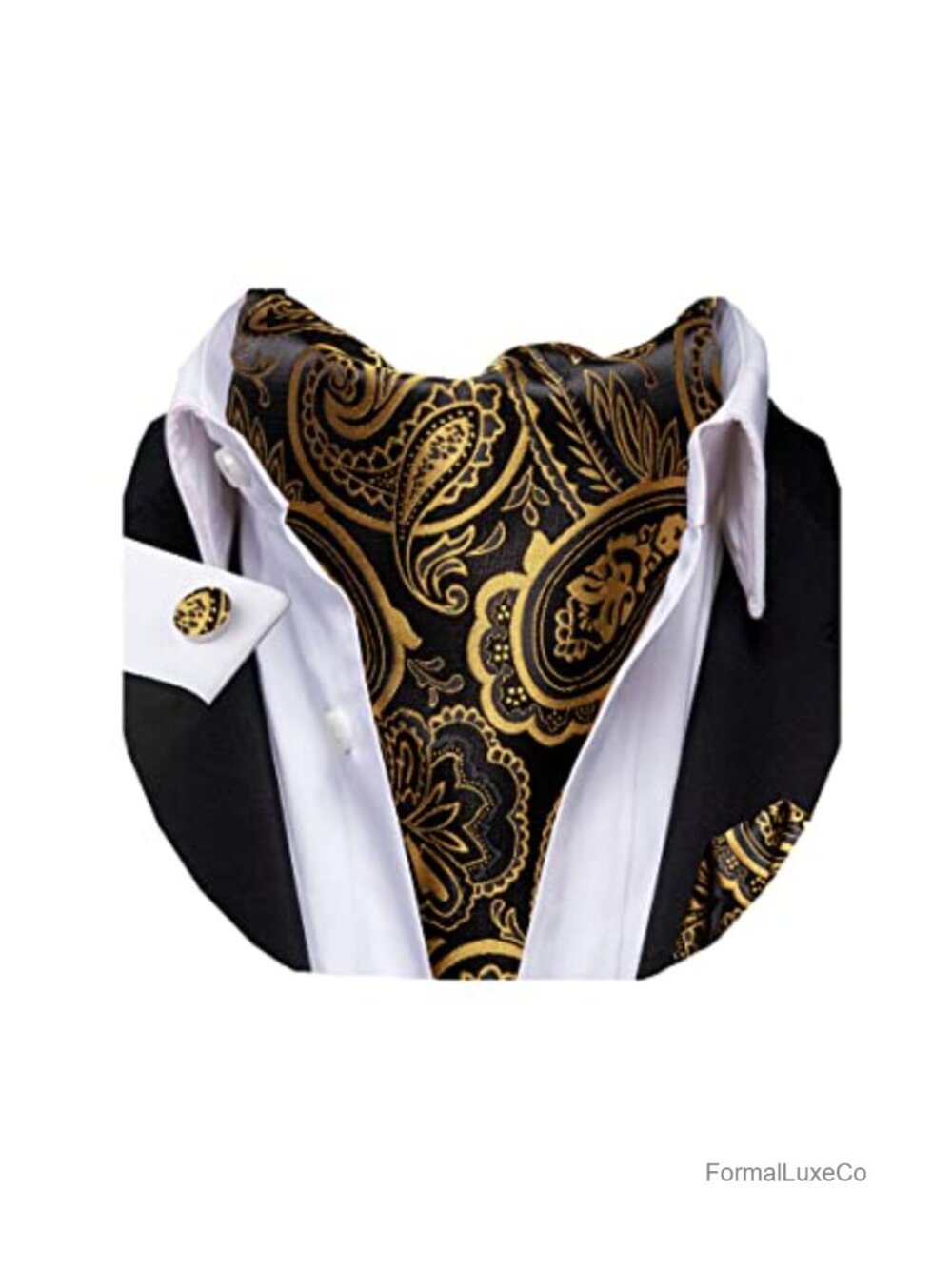 Paisley Ascot Cravat Set for Men, Silk Mix Tie with Pocket Square & Cufflinks,
